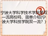 宁波大学科学技术学院是双一流高校吗，简单介绍(宁波大学科技学院双一流？)